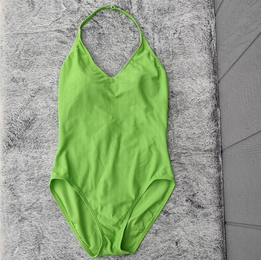 Catalina Lime Green Ribbed One-Piece Swimsuit. Size L